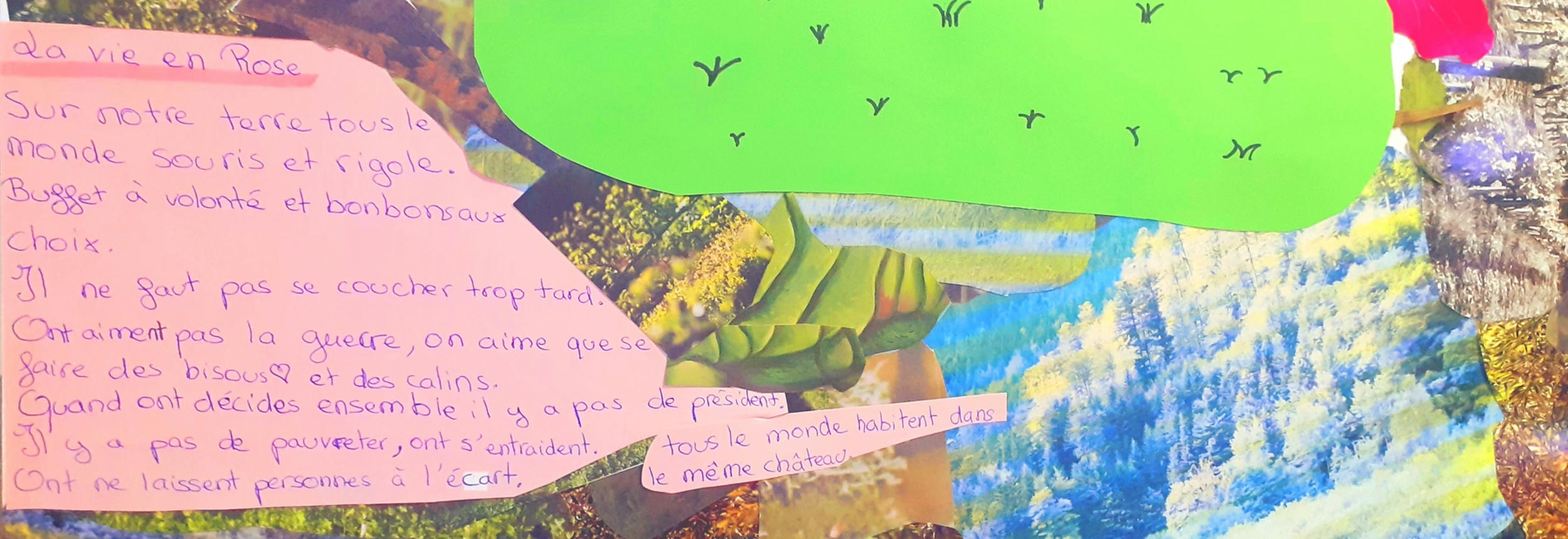 Collage photo avec un texte d'enfant sur la vie en rose