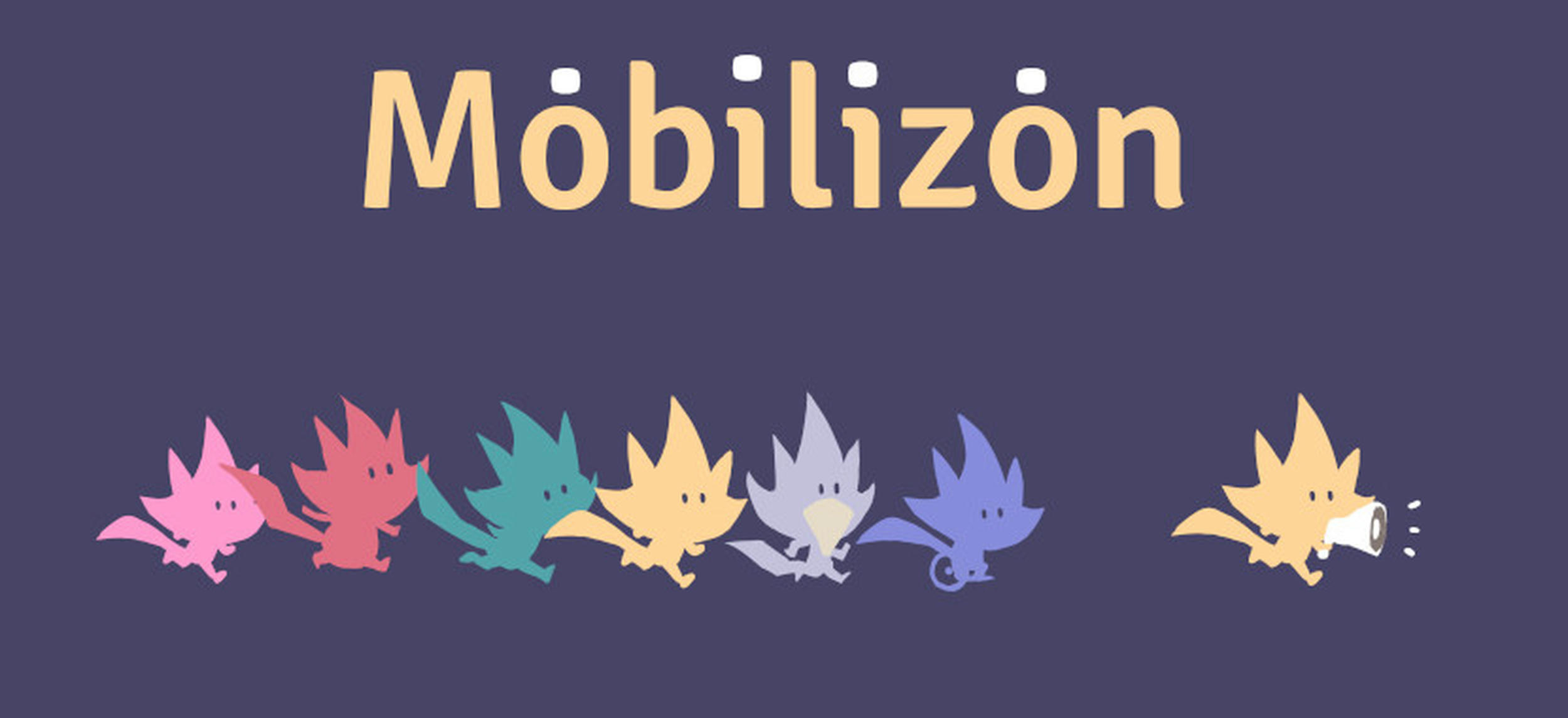 logo de l'application Mobilizon avec des petits renards colorés qui suivent un renard avec un porte voix.